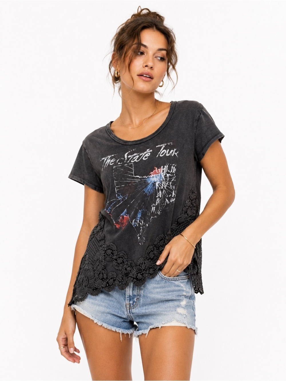 Free People Washed Black Lace Hem Tee XS NWOT